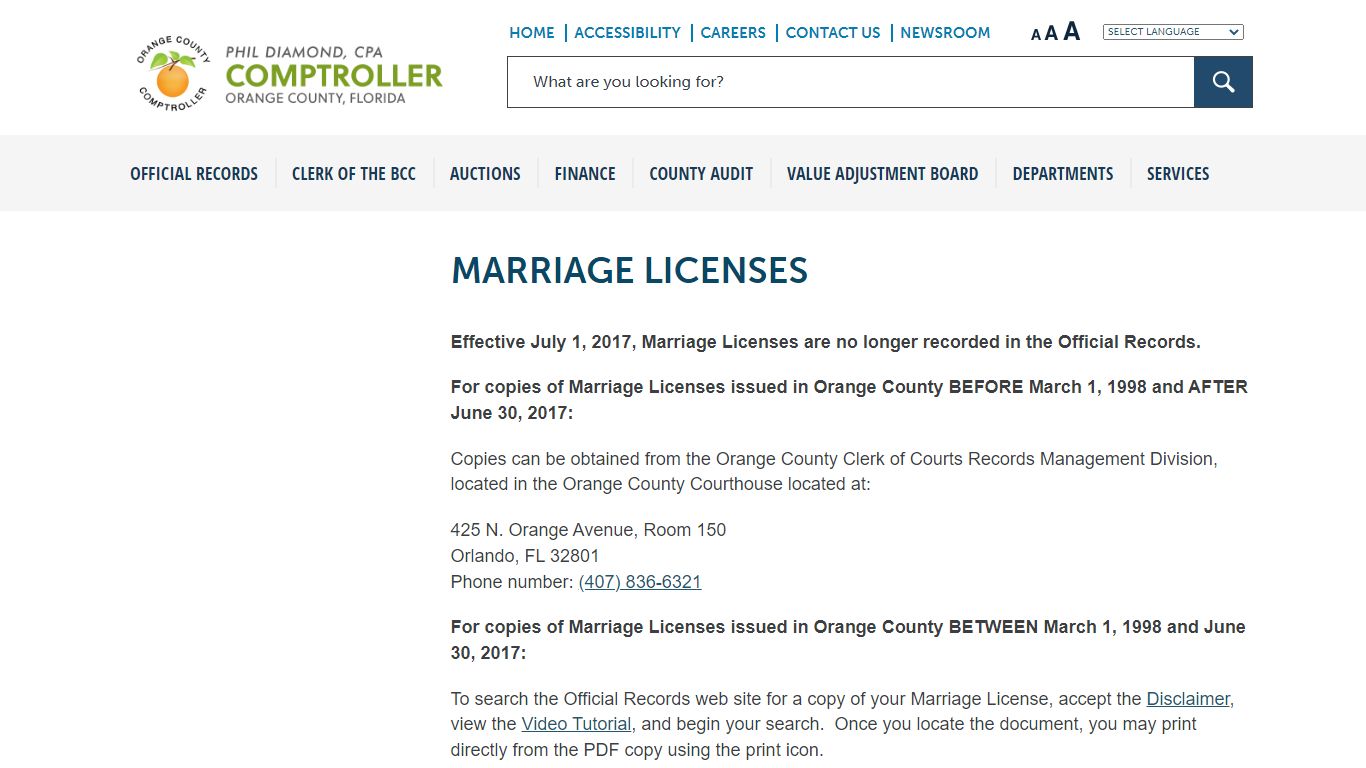 MARRIAGE LICENSES - Phil Diamond - Orange County Comptroller - occompt.com
